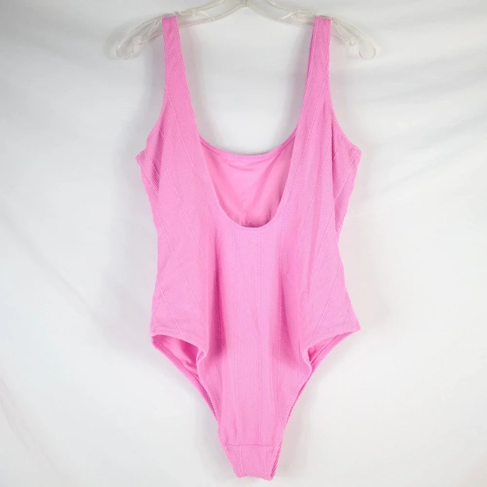 Aerie Pink Textured One Piece Cheeky Padded Swimsuit Scoop Neck Ribbed Size XL